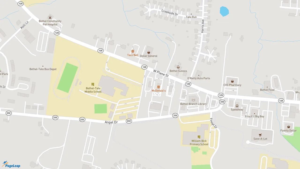 https://pageleap.com map showing location of Gold Star Chili in Bethel.