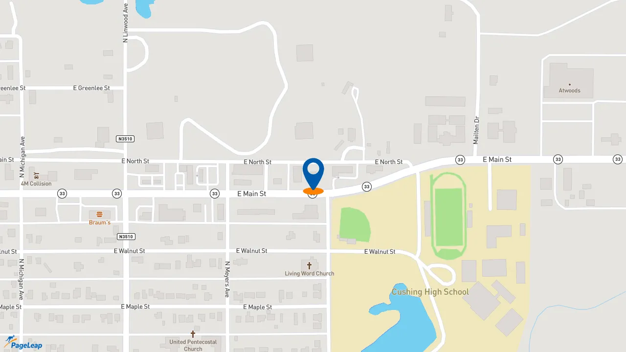 https://pageleap.com map showing location of Golden Chick in Cushing.