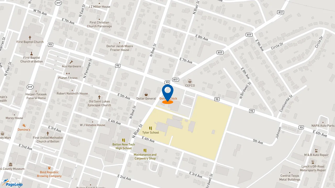 https://pageleap.com map showing location of Golden Chick in Belton.