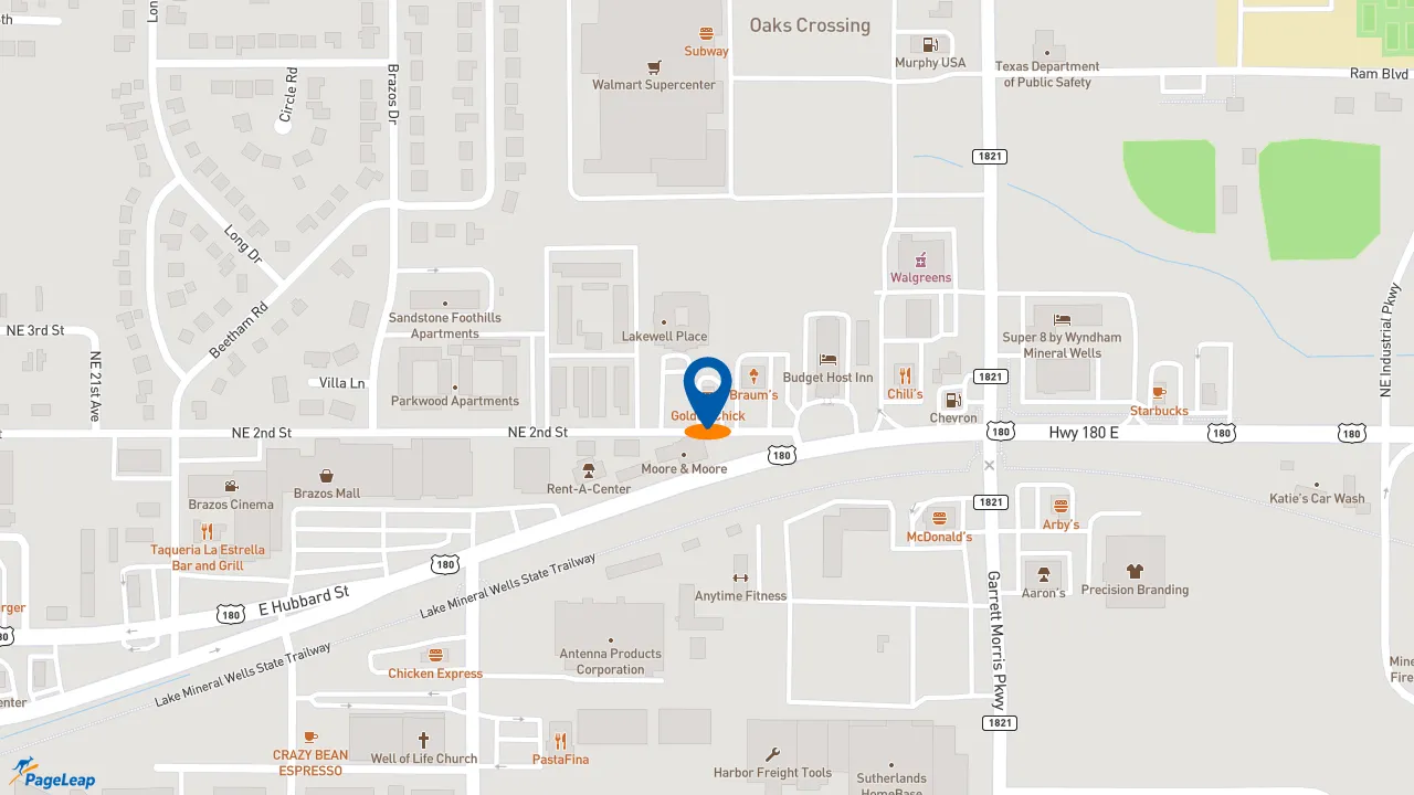 https://pageleap.com map showing location of Golden Chick in Mineral Wells.
