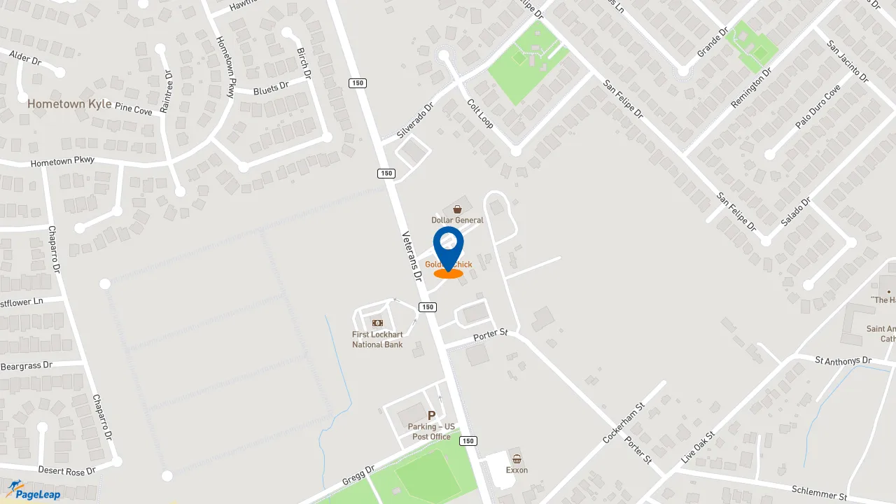 https://pageleap.com map showing location of Golden Chick in Kyle.