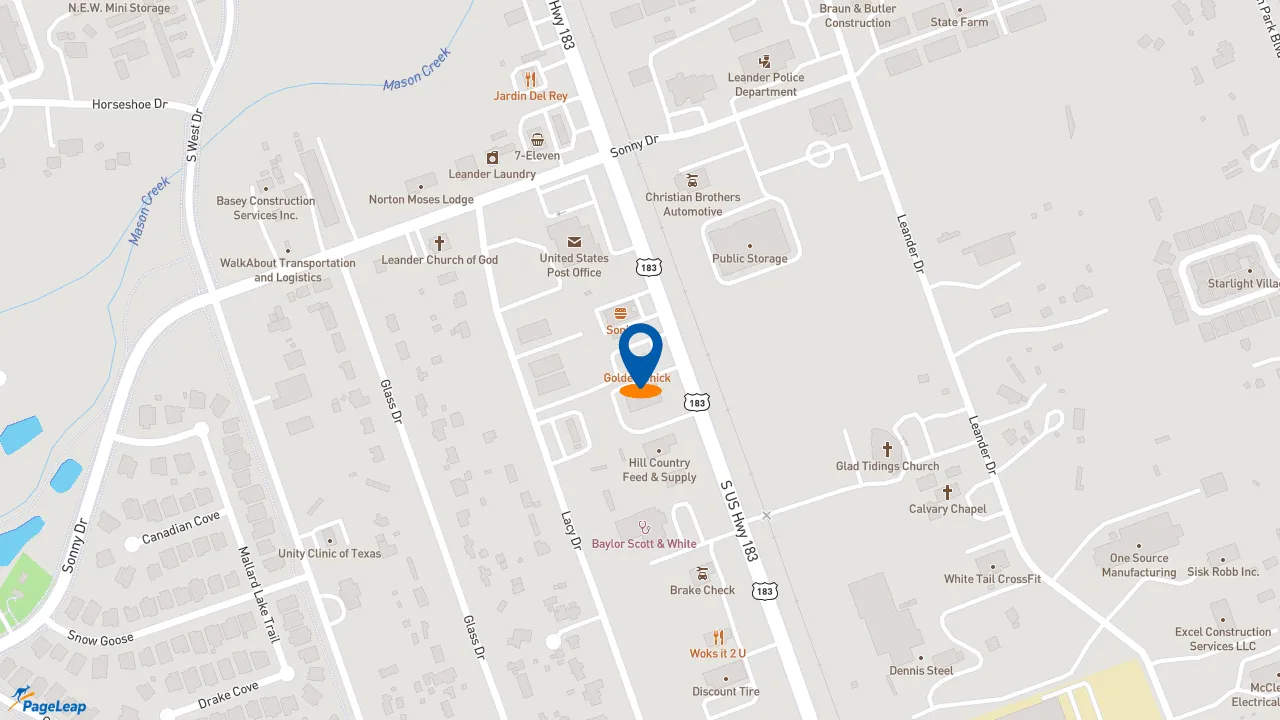 https://pageleap.com map showing location of Golden Chick in Leander.