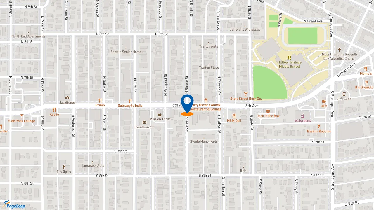 https://pageleap.com map showing location of Gregorys Coffee in Tacoma.