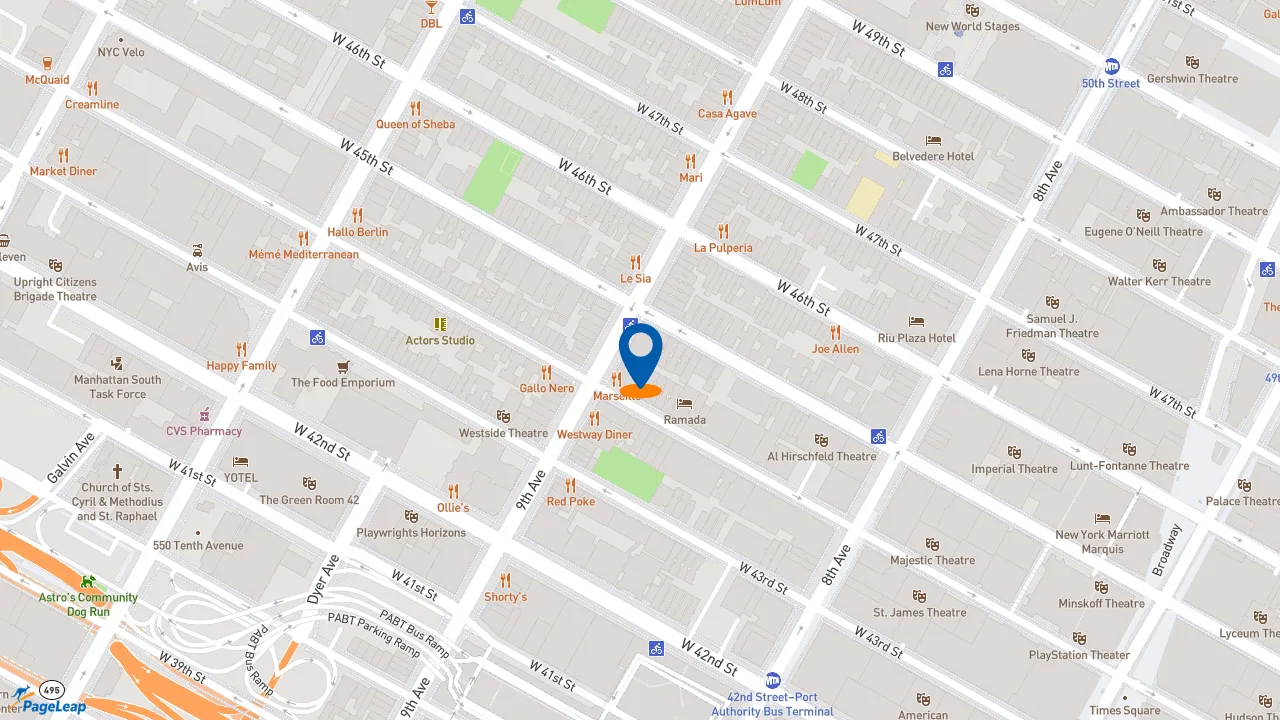 https://pageleap.com map showing location of Gregorys Coffee in New York.