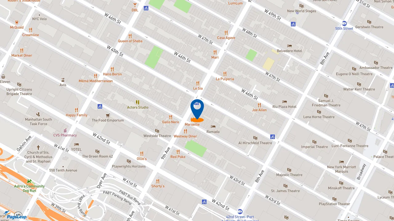 https://pageleap.com map showing location of Gregorys Coffee in New York.