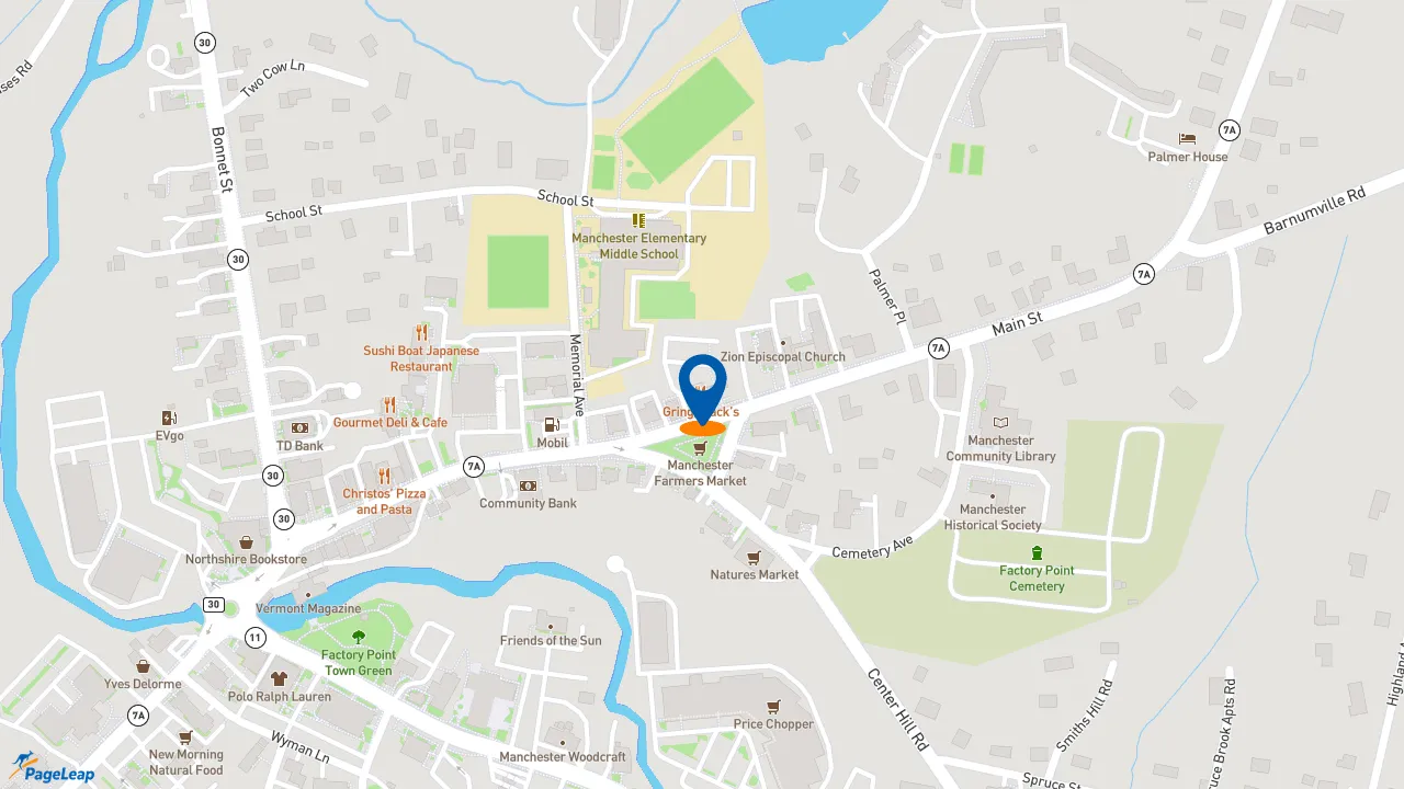 https://pageleap.com map showing location of Gringo Jack&#039;s in Manchester Center.