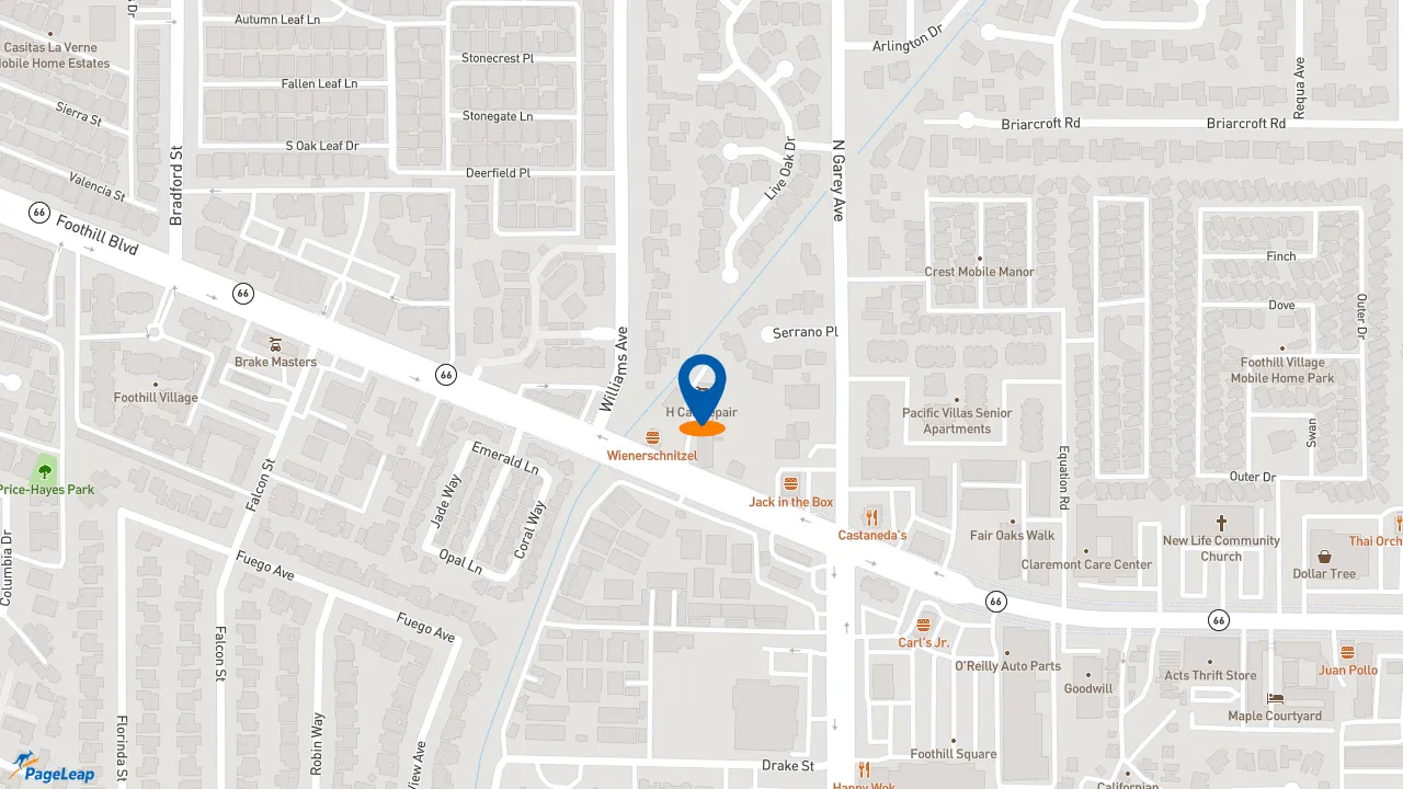 https://pageleap.com map showing location of H Car Repair in Pomona.