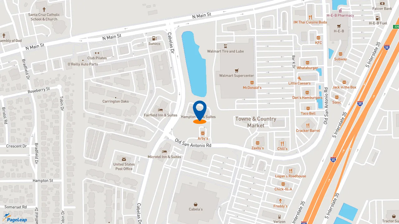 https://pageleap.com map showing location of Hampton Inn &amp; Suites Austin South/Buda in Buda.