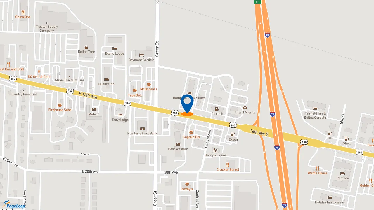 https://pageleap.com map showing location of Hampton Inn &amp; Suites Cordele in Cordele.