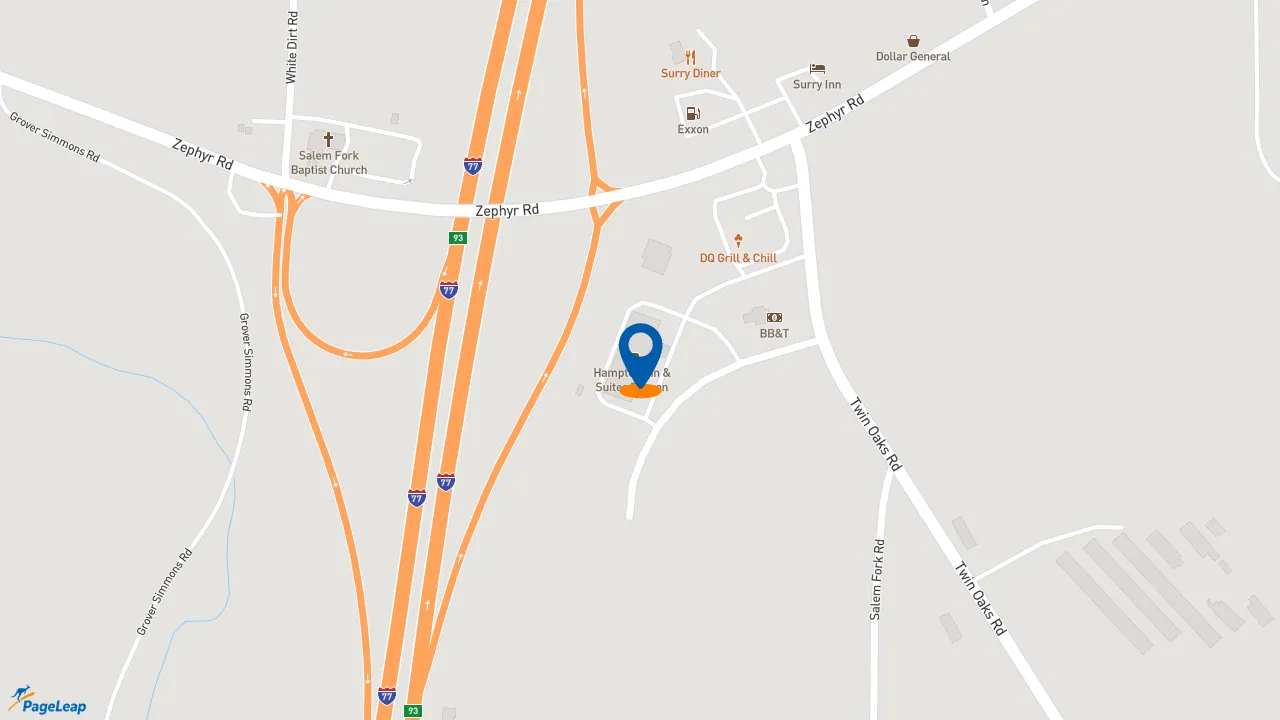 https://pageleap.com map showing location of Hampton Inn &amp; Suites Dobson in Dobson.