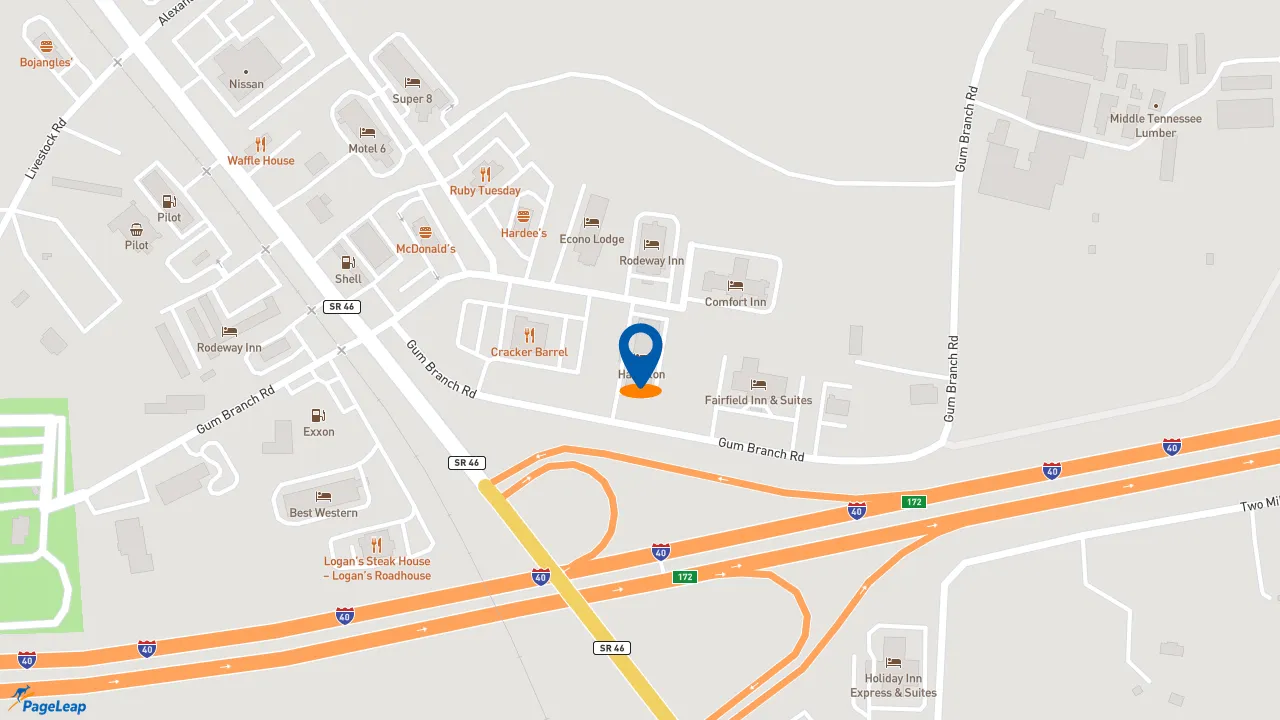 https://pageleap.com map showing location of Hampton Inn Dickson in Dickson.