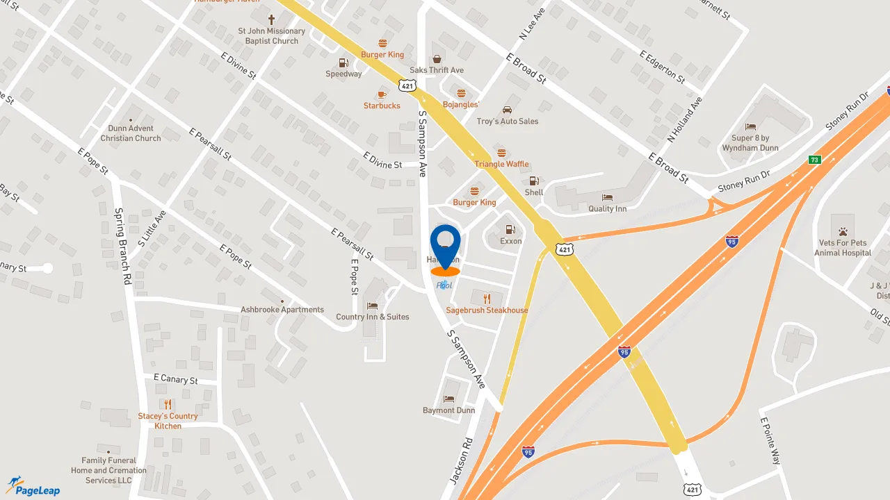 https://pageleap.com map showing location of Hampton Inn Dunn in Dunn.