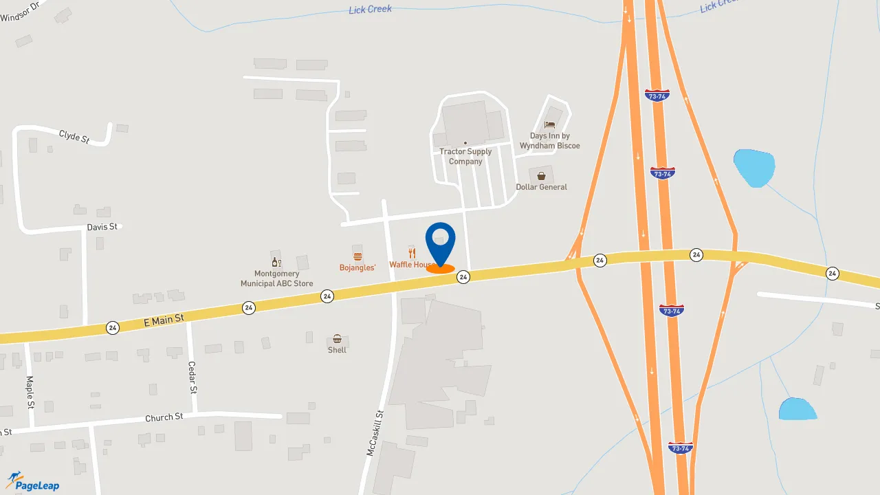 https://pageleap.com map showing location of Hardee&#039;s in Biscoe.