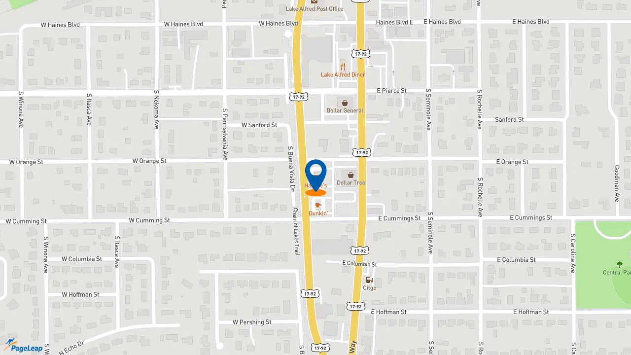 https://pageleap.com map showing location of Hardee&#039;s in Lake Alfred.