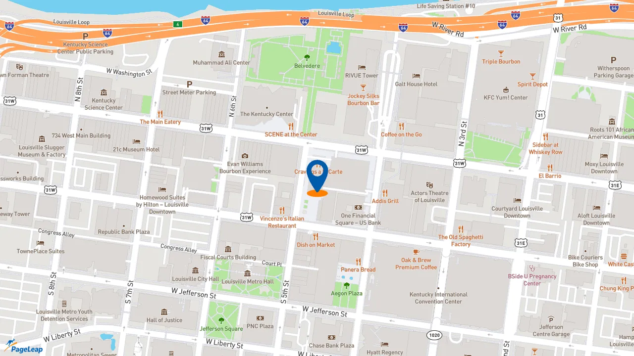 https://pageleap.com map showing location of Heine Brothers Coffee - Main Street in Louisville.