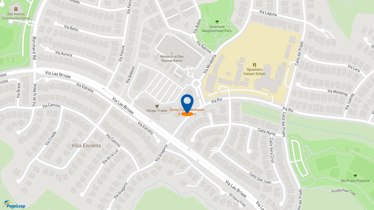 https://pageleap.com map showing location of Honey Cup Coffeehouse &amp; Creamery in Newbury Park.