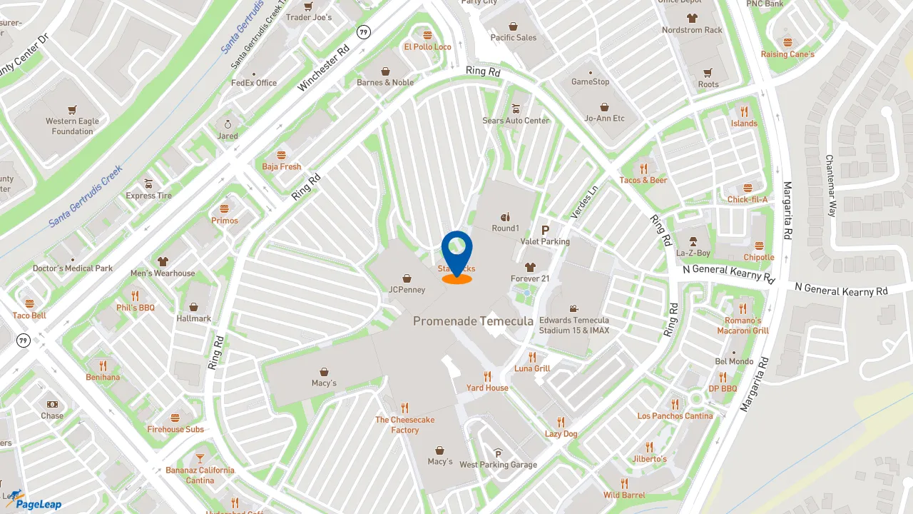 https://pageleap.com map showing location of Hot Dog on a Stick in Temecula.