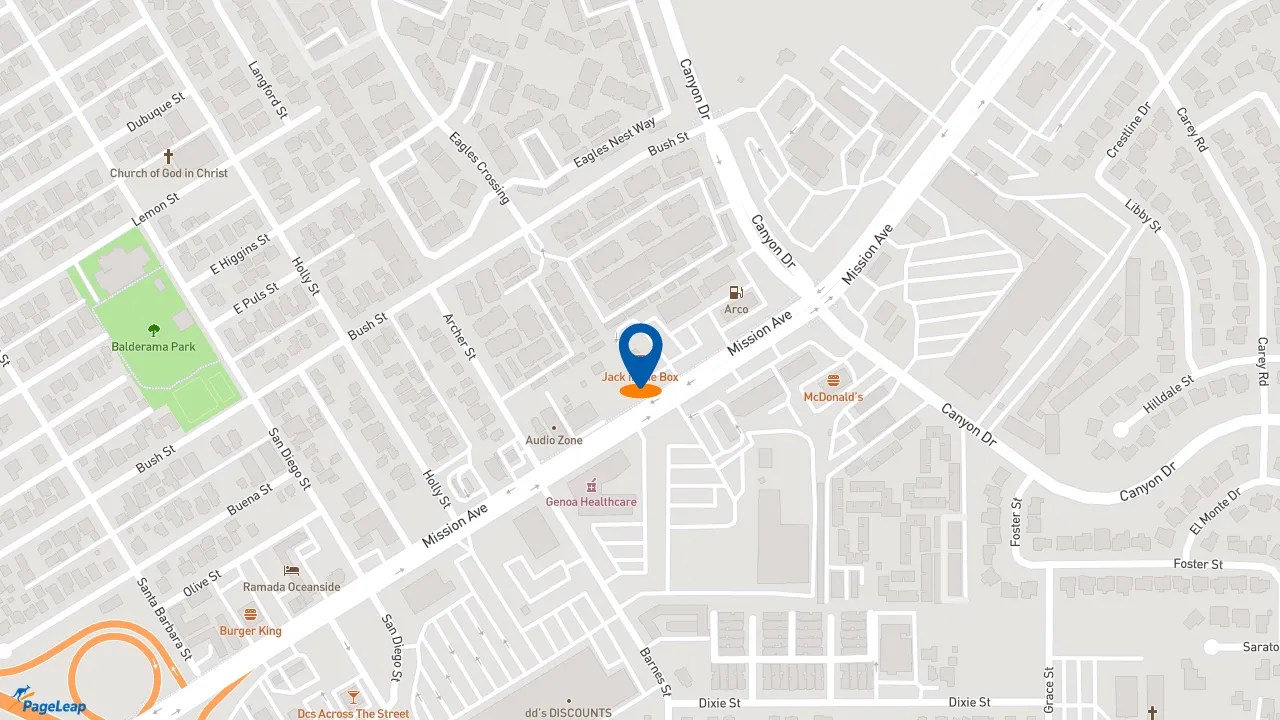 https://pageleap.com map showing location of Jack in the Box in Oceanside.