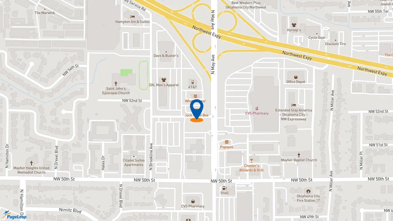 https://pageleap.com map showing location of Jack in the Box in Oklahoma City.