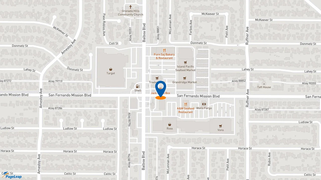https://pageleap.com map showing location of Jack in the Box in Granada Hills.