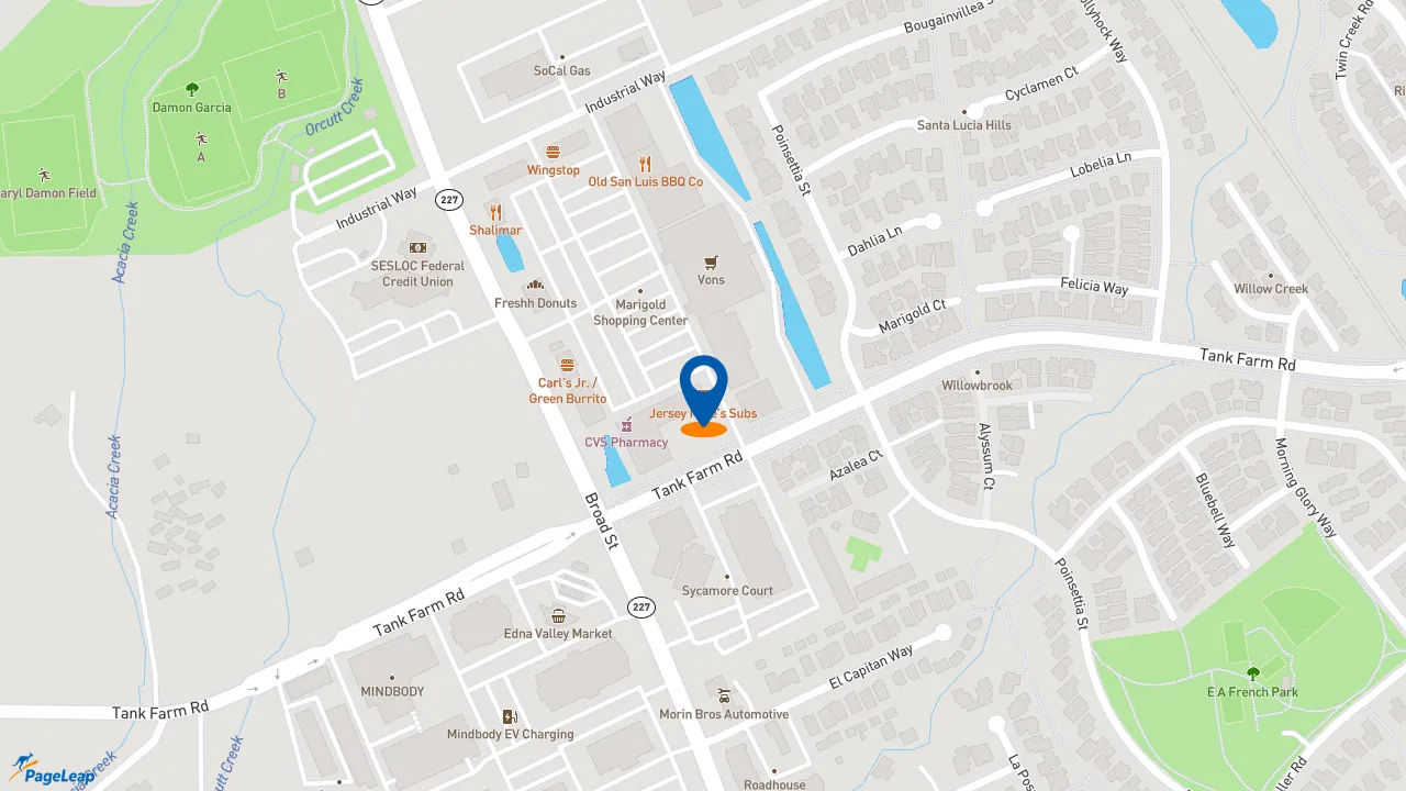 https://pageleap.com map showing location of Jersey Mike&#039;s Subs in San Luis Obispo.