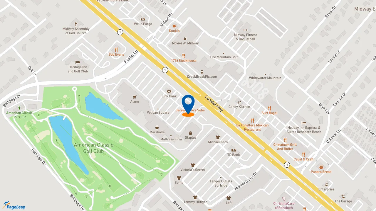 https://pageleap.com map showing location of Jersey Mike&#039;s Subs in Rehoboth Beach.