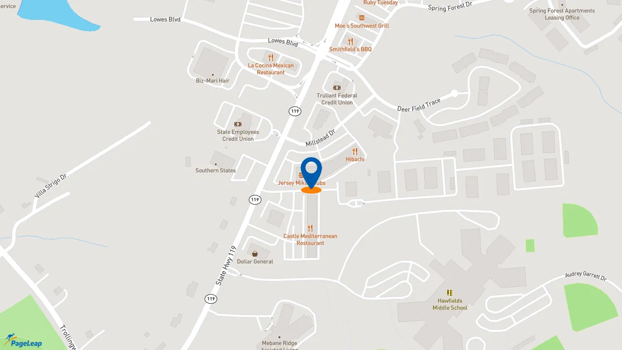 https://pageleap.com map showing location of Jersey Mike&#039;s Subs in Mebane.