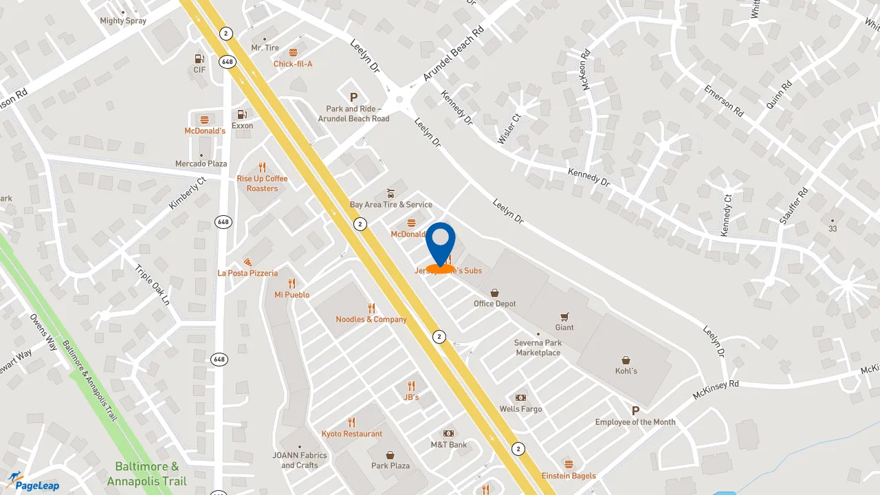 https://pageleap.com map showing location of Jersey Mike&#039;s Subs in Severna Park.