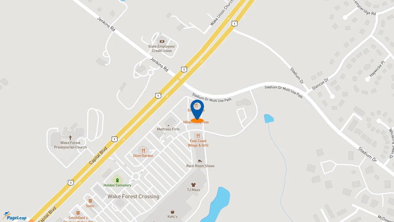 PageLeap.com map showing location of Jersey Mike's Subs in Wake Forest.