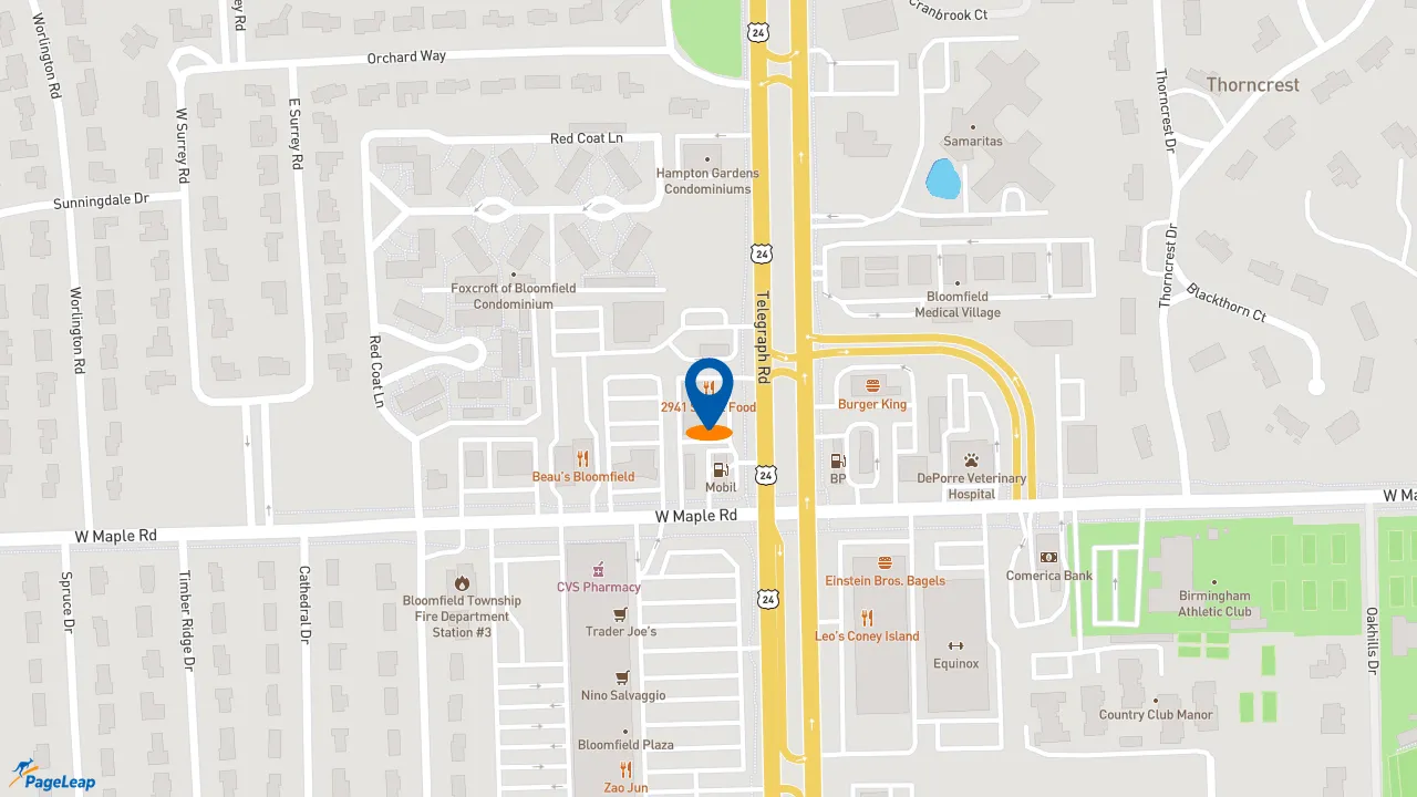 https://pageleap.com map showing location of Jersey Mike&#039;s Subs in Bloomfield Hills.