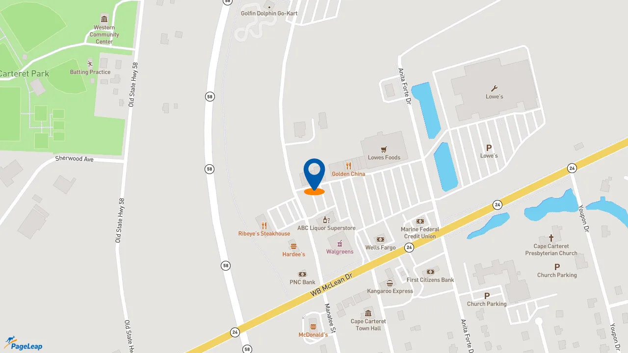 https://pageleap.com map showing location of Jersey Mike&#039;s Subs in Cape Carteret.