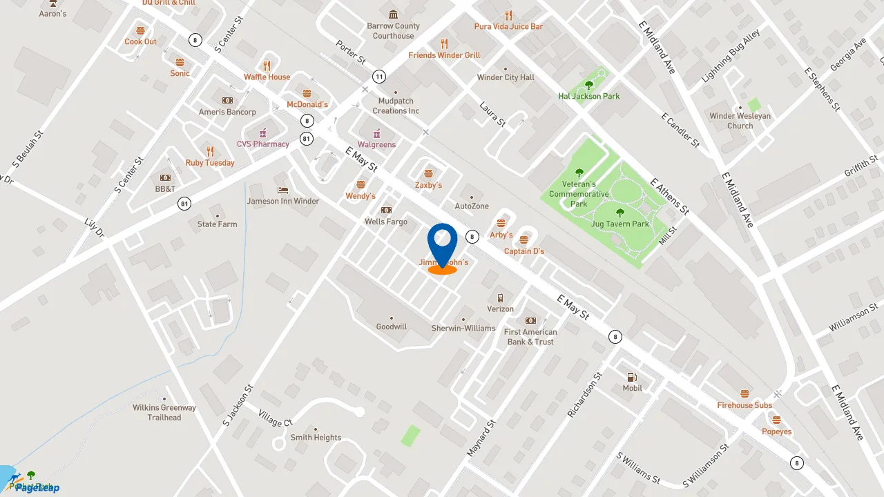 https://pageleap.com map showing location of Jimmy John&#039;s in Winder.