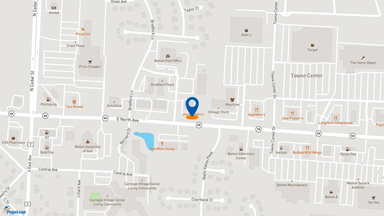 https://pageleap.com map showing location of Jimmy John&#039;s in Belton.