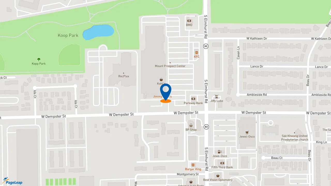https://pageleap.com map showing location of Jimmy John&#039;s in Mt Prospect.