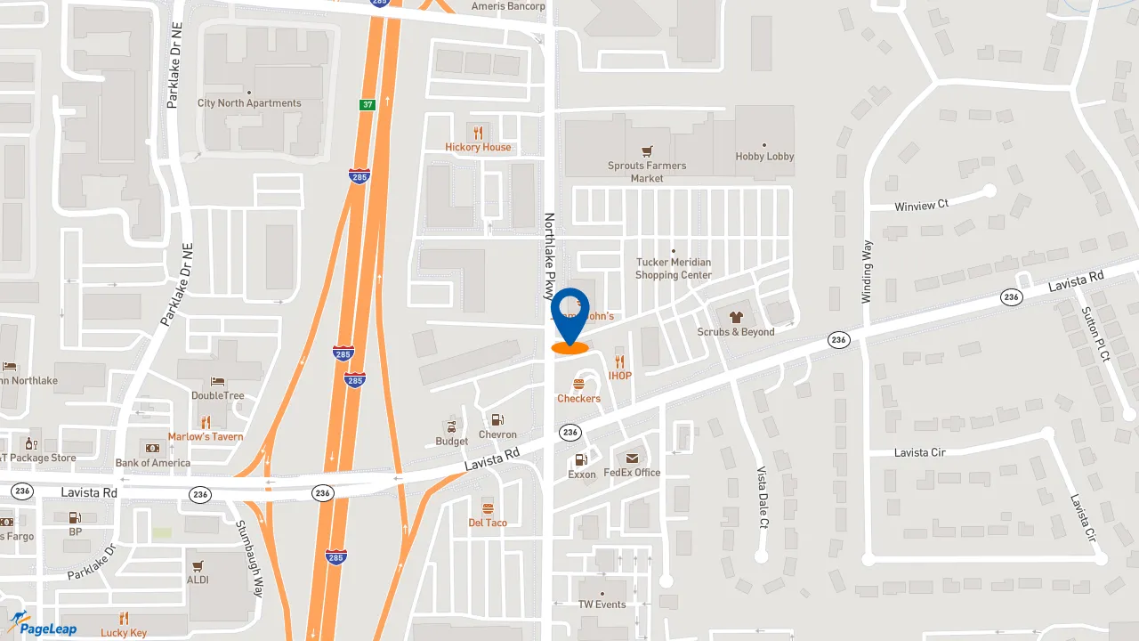 https://pageleap.com map showing location of Jimmy John&#039;s in Tucker.