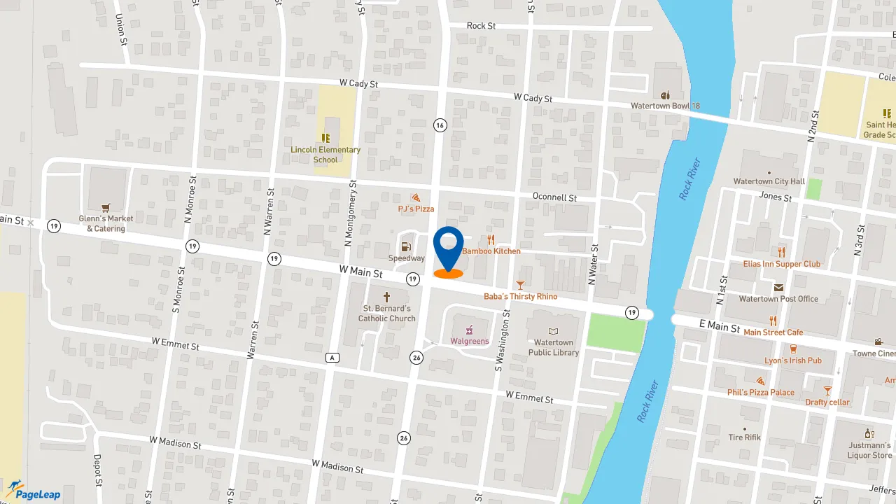 https://pageleap.com map showing location of Jimmy John&#039;s in Watertown.