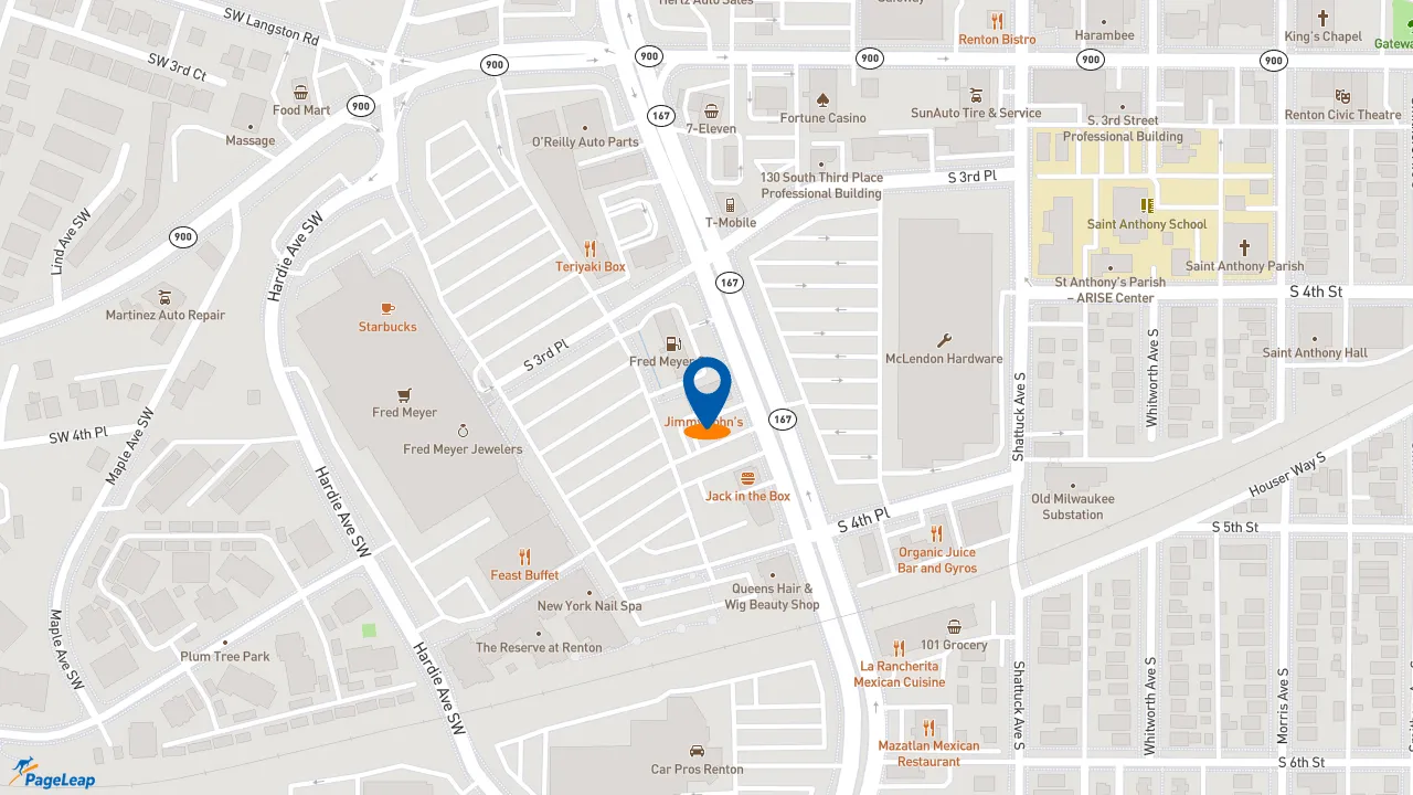 https://pageleap.com map showing location of Jimmy John&#039;s in Renton.