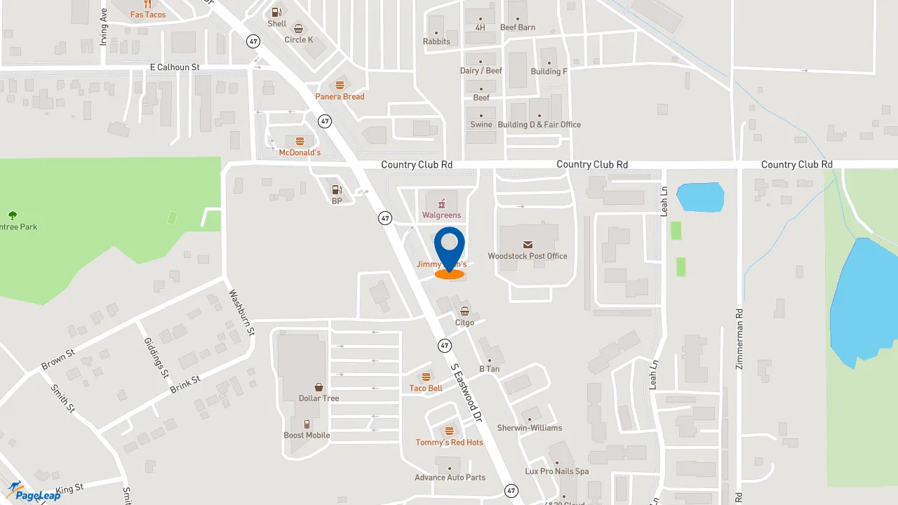 https://pageleap.com map showing location of Jimmy John&#039;s in Woodstock.