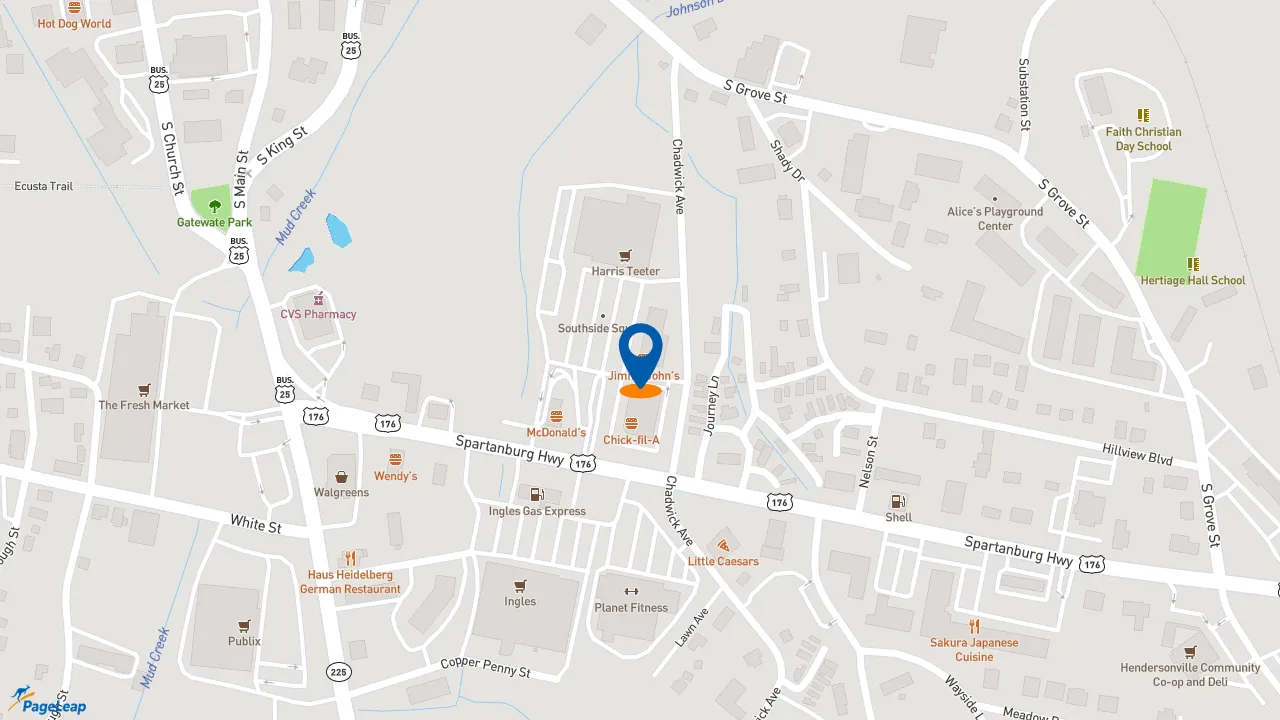 https://pageleap.com map showing location of Jimmy John&#039;s in Hendersonville.
