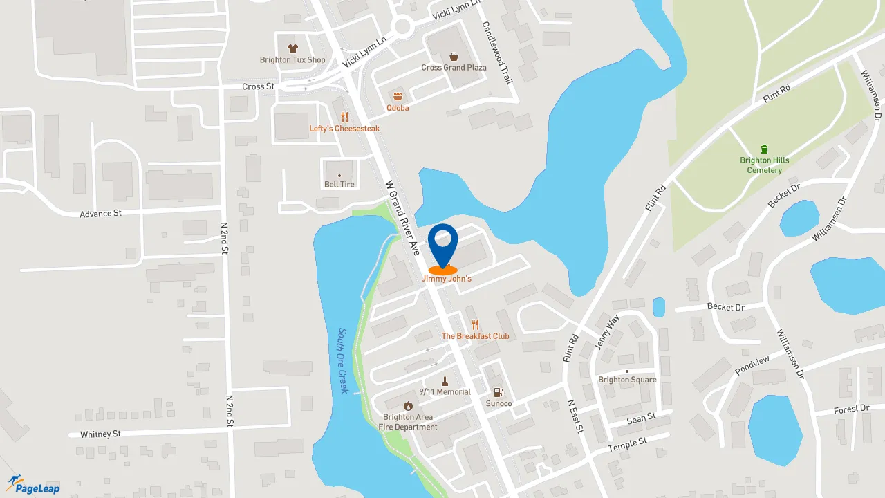 https://pageleap.com map showing location of Jimmy John&#039;s in Brighton.