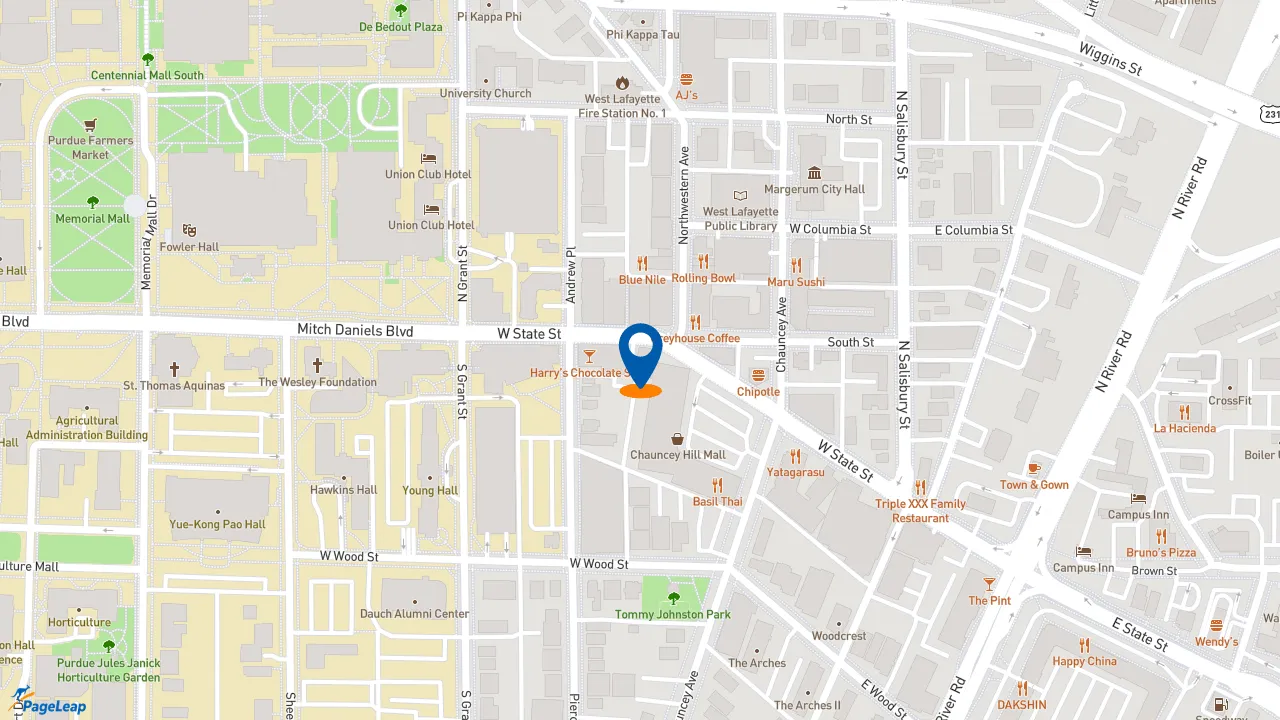 https://pageleap.com map showing location of Jimmy John&#039;s in West Lafayette.