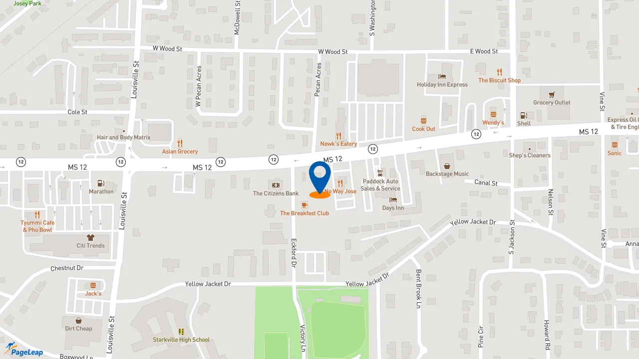 https://pageleap.com map showing location of KFC in Starkville.