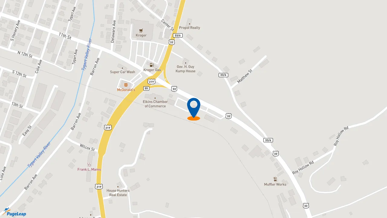 https://pageleap.com map showing location of KFC in Elkins.