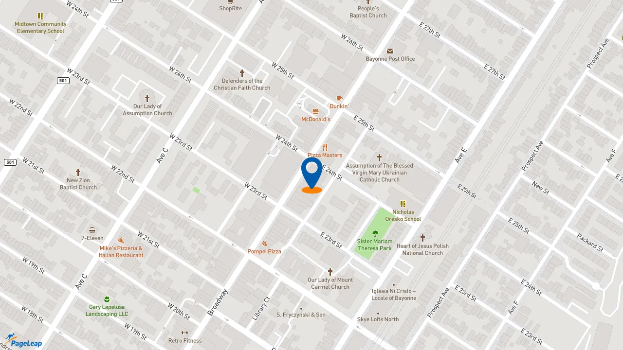 https://pageleap.com map showing location of KFC in Bayonne.