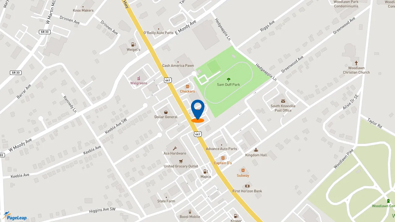 https://pageleap.com map showing location of KFC in Knoxville.