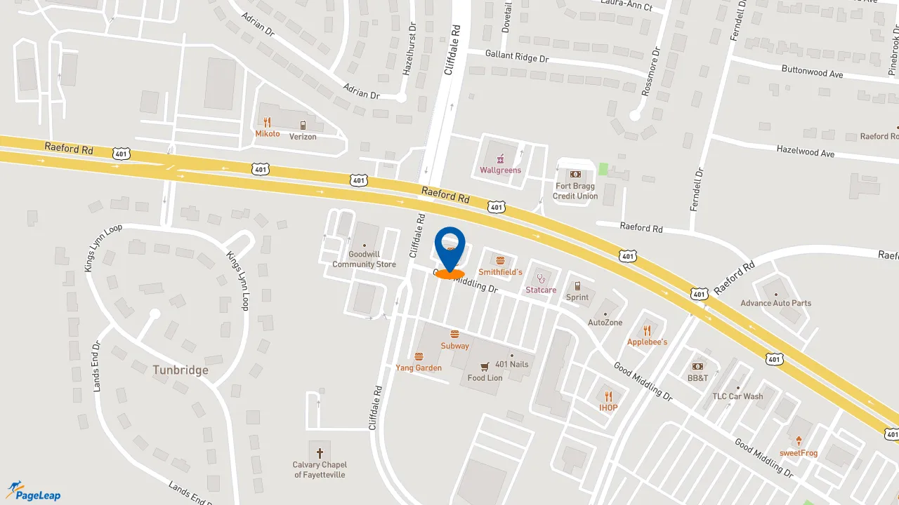 https://pageleap.com map showing location of KFC in Fayetteville.