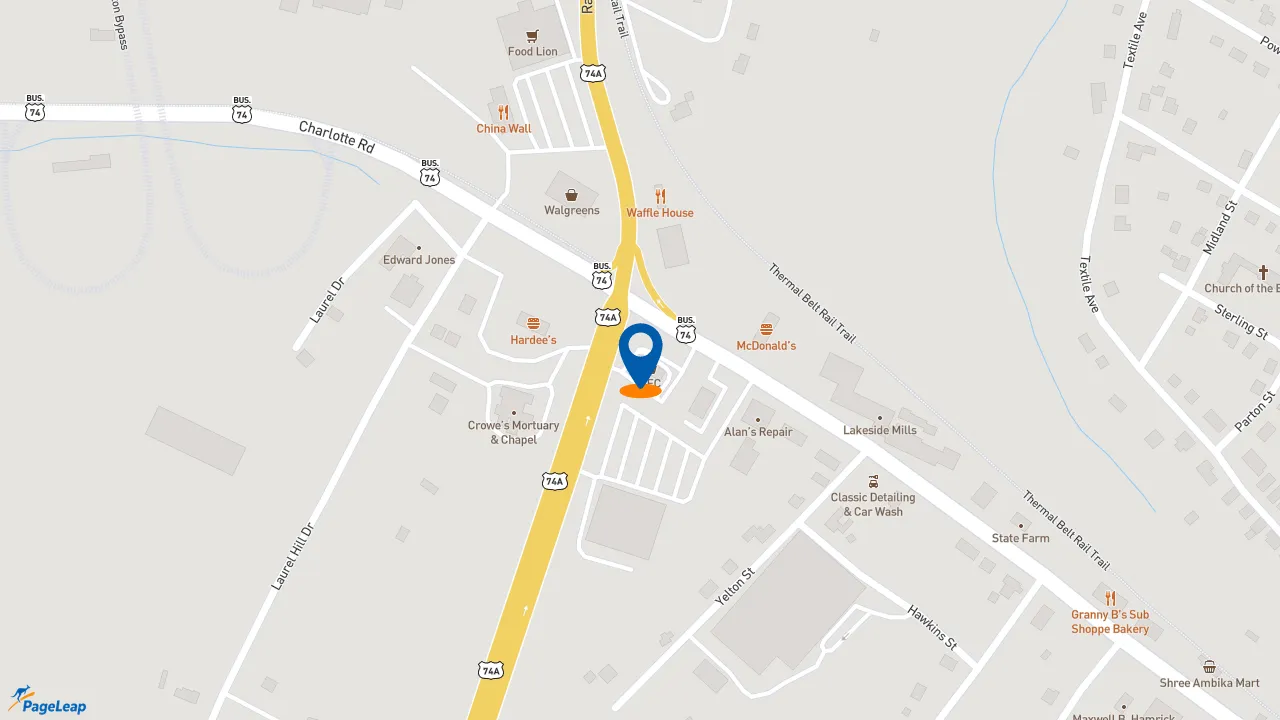 https://pageleap.com map showing location of KFC in Rutherfordton.
