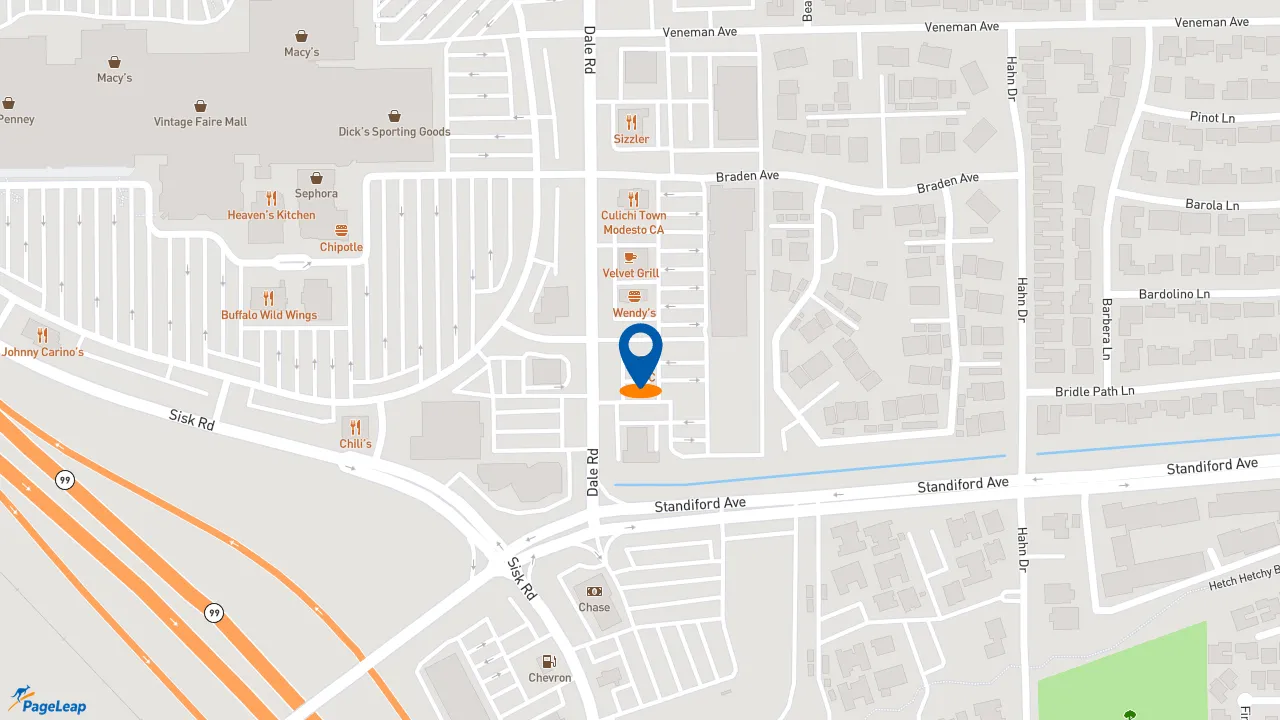 https://pageleap.com map showing location of KFC in Modesto.