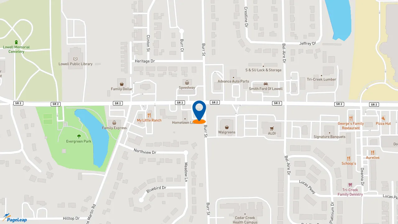 https://pageleap.com map showing location of KFC in Lowell.