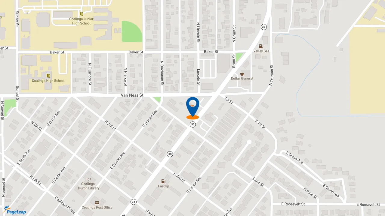 https://pageleap.com map showing location of KFC in Coalinga.
